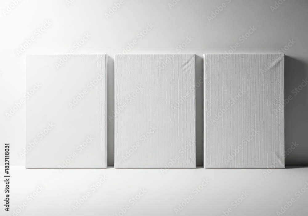 Fototapeta premium Three blank white canvases lined up against a white wall