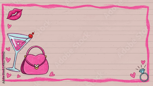 Feminine Bachelorette Party Invitation Frame with Pink Cocktail, Diamond Ring, and Heart Handbag Sketch