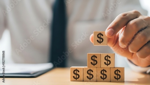 Build your wealth with smart investment strategies, dollar sign blocks showcasing financial growth and success, perfect for business and finance concepts