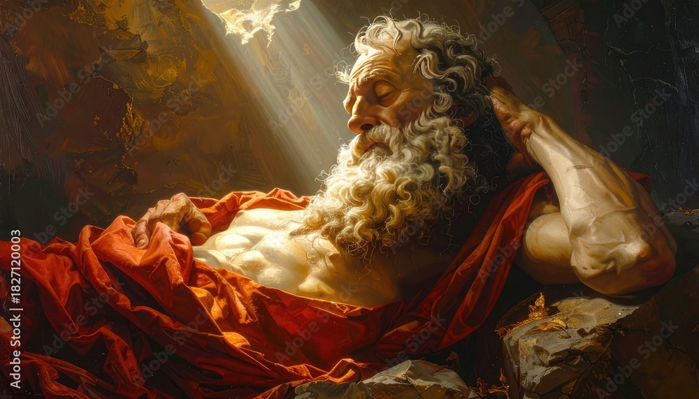 Fototapeta premium Elderly bearded man reclines, bathed in light, draped in cloth, peaceful sleep