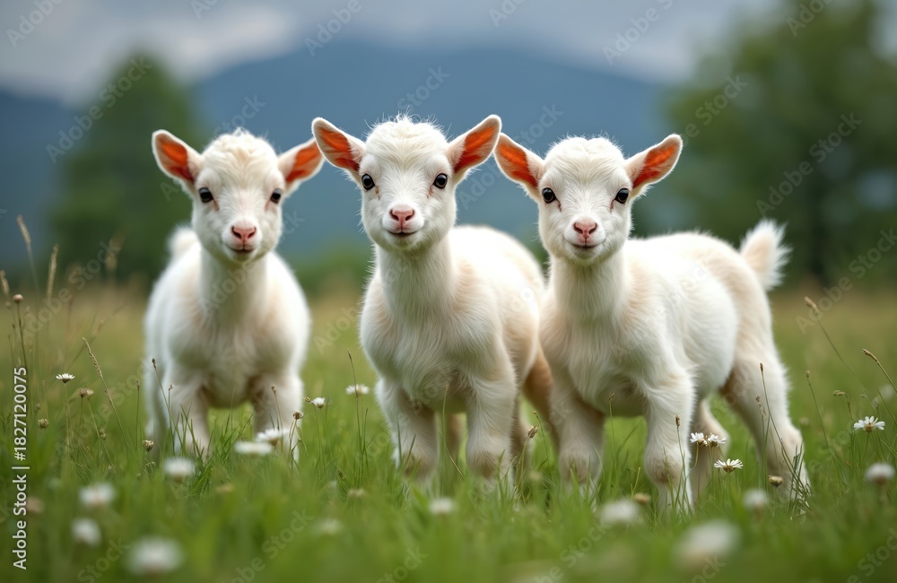 Fototapeta premium Three adorable baby goats stand in a field. White fluffy kids pose for photo. Cute young animals in green grass. Meadow with flowers. Domestic farm animals in natural environment.