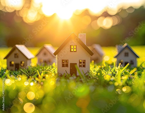 Miniature houses in grass at sunset. Sun shining between dwellings
