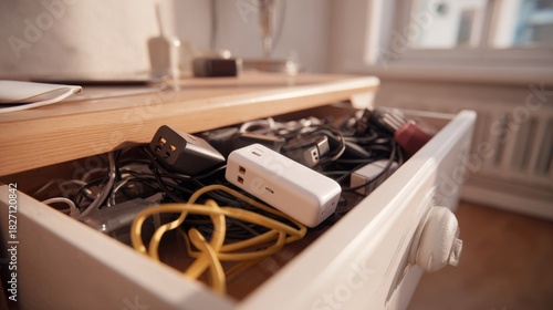A cluttered drawer filled with tangled chargers and cables, showcasing a common urban lifestyle.