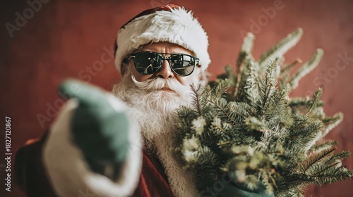 Cool santa in sunglasses holding pine branch against festive red background