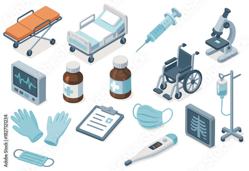 Isometric medical equipment set: hospital bed, wheelchair, syringe, microscope, gloves