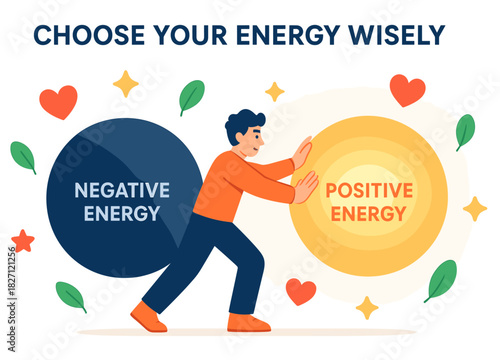 Young male pushing positive energy ball away from negative energy concept