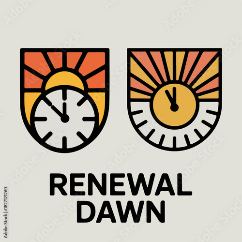 Renewal Dawn sunrise clock duo, optimistic new day timer icons with warm rays, modern New Year resolution vector badges for goals, planners and seasonal branding