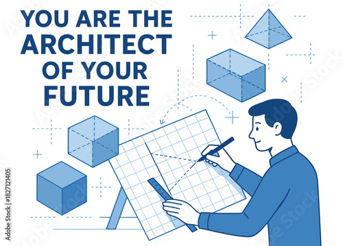 Male architect designing geometric structures with drafting tools