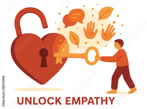 Unlock empathy: cartoon illustration of heart-shaped lock and key with human connection symbols