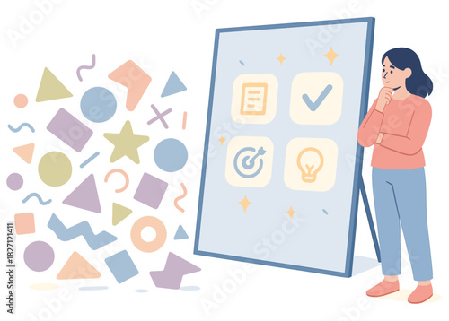 Young female analyzing creative shapes and strategic icons on board