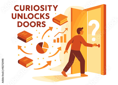Curiosity unlocks doors: illustration of a person opening a door to knowledge and growth