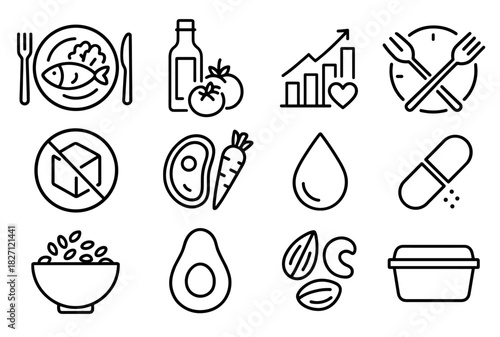 Healthy lifestyle icons: nutrition, exercise, hydration, meal times, supplements