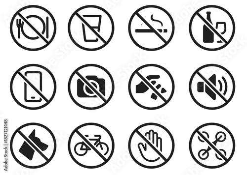 Set of prohibited icons: no food, drinks, smoking, alcohol, phones, cameras, noise, animals, bicycles, hands, skates