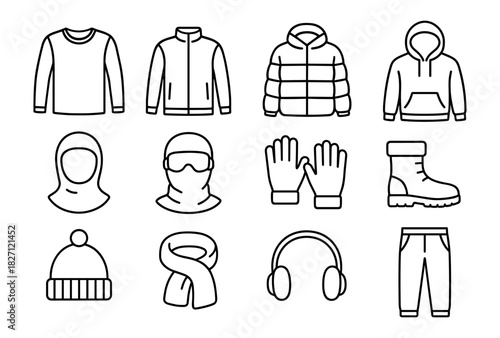 Winter clothing icons: jacket, hoodie, scarf, gloves, boots, headphones