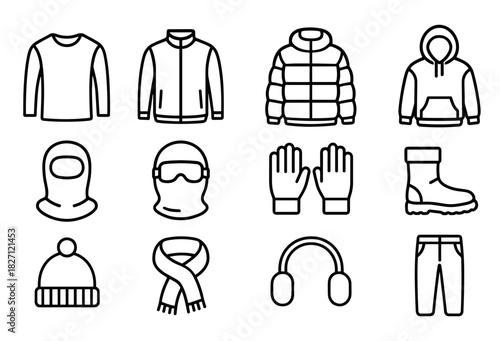 Winter clothing icon set: jackets, gloves, hats, and boots in line art style