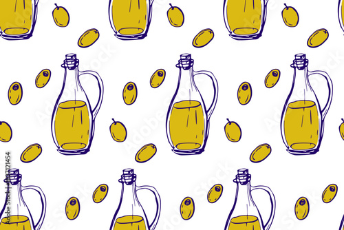 Seamless pattern with Olive Oil and Fruits. Fresh olive berries branch and oil bottle. Ingredients for cooking, cosmetics. Hand drawn doodle sketch for Mediterranean diet wallpaper, wrapping paper.