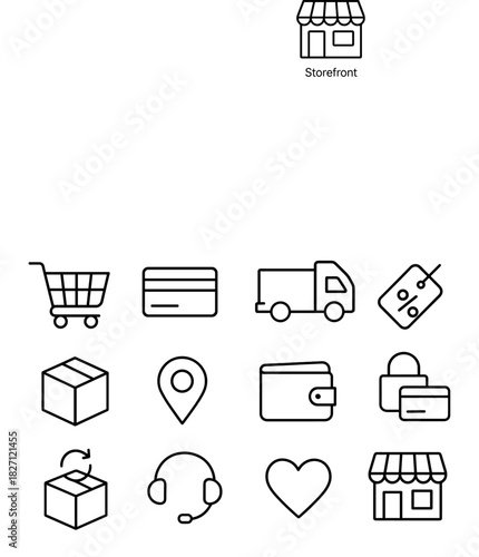Retail and e-commerce icons: shopping cart, payment, delivery, storefront, support