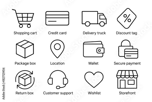E-commerce icons: shopping, payment, delivery, customer support