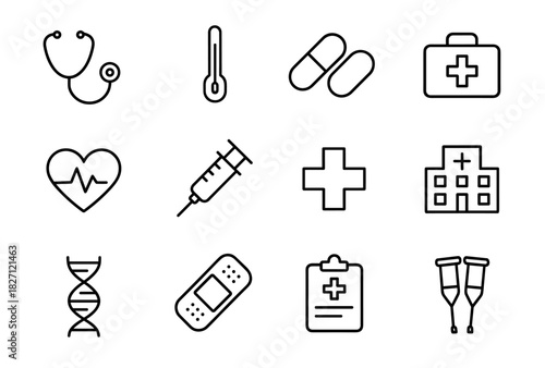 Healthcare icons: stethoscope, thermometer, pills, first aid kit, and medical symbols