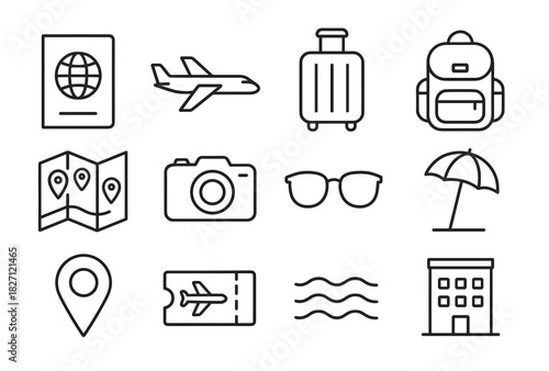 Travel essentials icons: passport, luggage, airplane, camera, umbrella