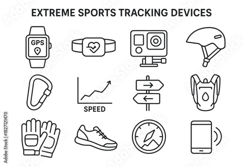 Extreme sports tracking devices: gps, heart rate monitor, camera, helmet, backpack icons