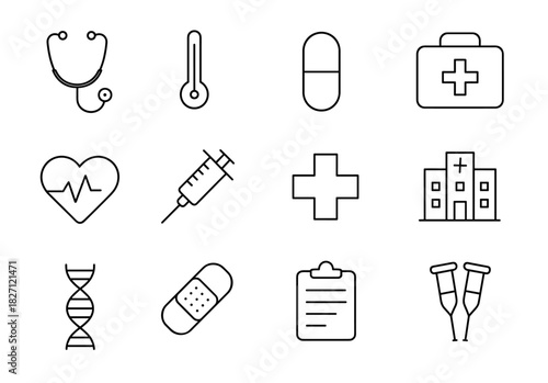 Medical icons set: stethoscope, thermometer, pill, first aid kit, and more