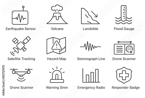 Natural disaster monitoring icons: earthquake sensor, volcano, landslide, drone scanner