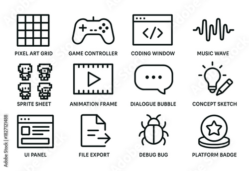 Icon set featuring game controller, coding, music wave, and more