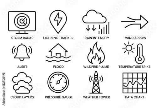 Weather forecast icons: storm radar, lightning, rain, wind, alert, flood, wildfire, temperature, cloud, pressure, tower, chart