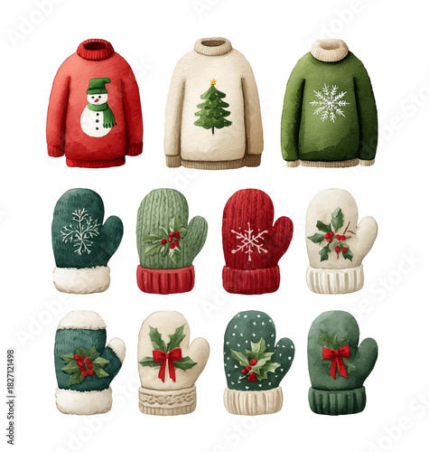 Watercolor vector winter elements - illustrations for posters, banners, backgrounds or greeting cards. Winter Mittens, sweaters