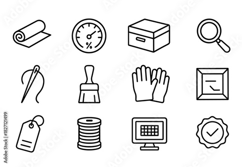Collection of office and craft tools including needle, gloves, and magnifying glass