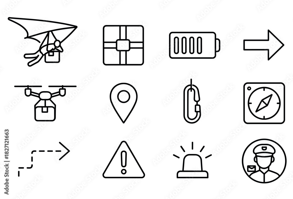 Obraz premium Drone delivery icons and navigation symbols in black and white line art