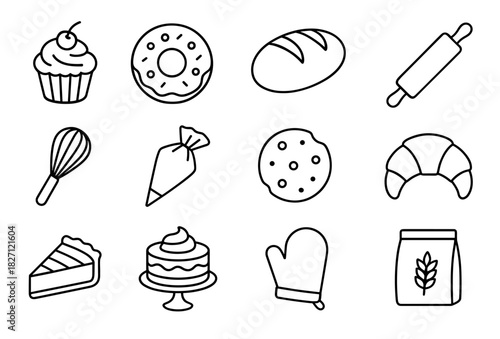 Outline icons of baking essentials: cupcake, doughnut, bread, whisk, and more