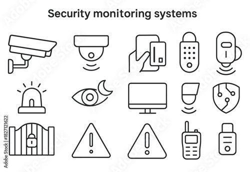 Security monitoring systems: cameras, alarms, access controls, and alerts icons