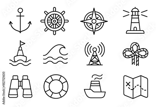 Nautical icons: anchor, ship wheel, compass, lighthouse, waves, and map