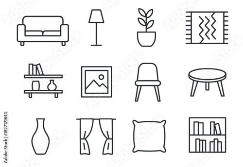 Minimalist home decor icons: sofa, lamp, plant, shelf, chair, table, vase, curtains, pillow