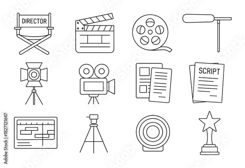 Icon set of movie industry tools including camera, script, and director's chair