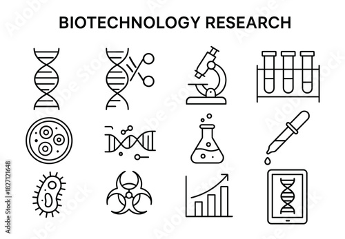 Biotechnology research icons: dna, microscope, test tubes, petri dish, biohazard