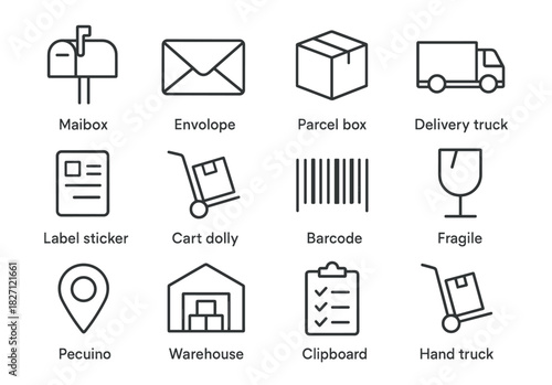 Icons for mailbox, envelope, parcel, delivery, and logistics