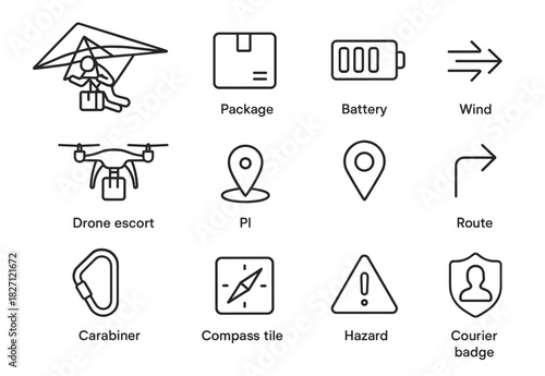 Logistics and navigation icon set featuring drone, package, and compass symbols