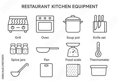 Essential restaurant kitchen equipment icons: grill, oven, soup pot, knife set, spice jars