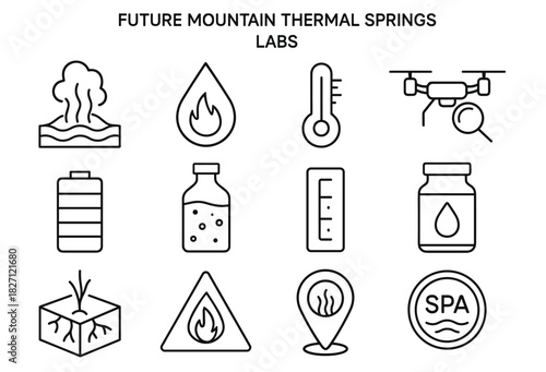 Future mountain thermal springs labs icons: technology and nature fusion