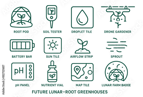 Set of modern icons for future lunar-root greenhouses
