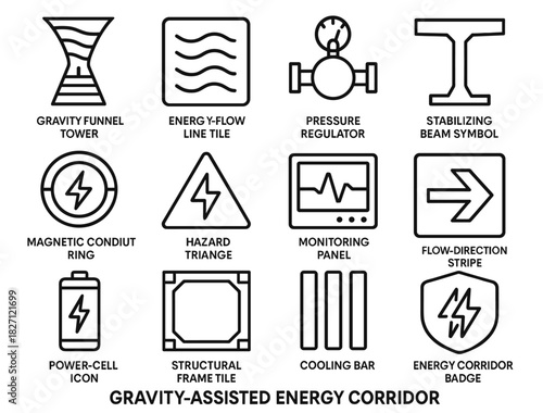 Energy corridor icons featuring funnels, regulators, beams, and cooling bars