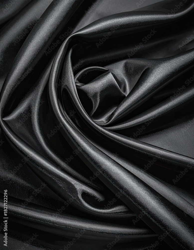 Fototapeta premium Swirling, glossy black fabric, close-up of elegant folds and textures