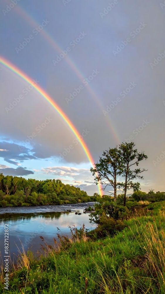 Naklejka premium Vibrant Double Rainbow Over Tranquil River Landscape with Lush Greenery.