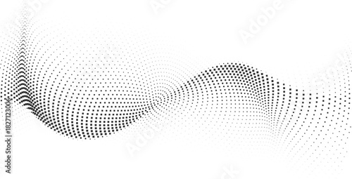 Abstract halftone dotted wave background with smooth flowing gradient curves, forming elegant modern texture ideal for minimal digital graphics and creative layouts