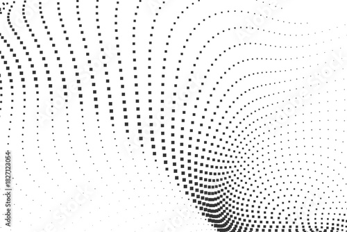 Abstract dotted halftone wave with rhythmic curved pattern creating flowing black gradient motion, perfect for modern minimal designs and contemporary tech backgrounds