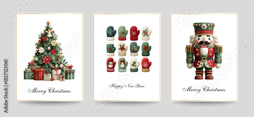 Merry Christmas and Happy New Year greeting cards templates. Watercolor vector winter elements -illustrations for posters, banners, backgrounds or greeting cards. Nutcracker, Christmas tree, mittens