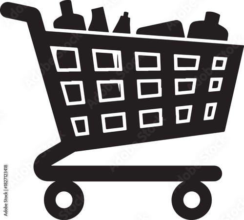 Dark gray shopping cart filled with groceries.